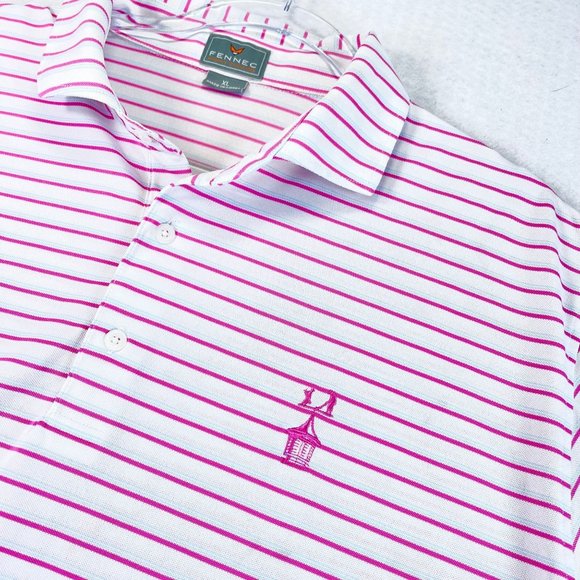 FENNEC Mens XL White Pink Striped Golf Performance Polo Shirt Stretch - Picture 1 of 12